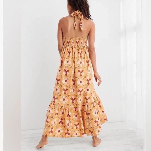 Aerie Linen Blend print Halter Maxi Dress Size Large Boho - Picture 8 of 14